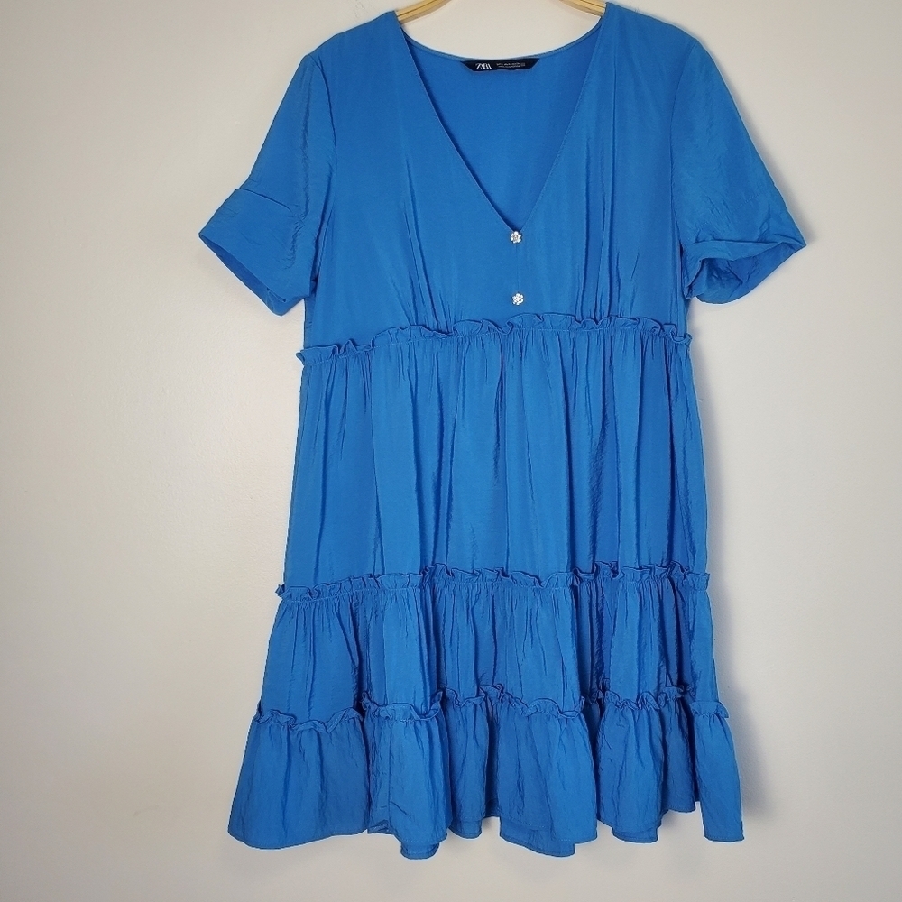 Zara Blue Tiered V Neck Dress - Picture 6 of 10